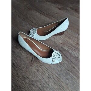 Tory Burch Mini Miller Open Toe Peep Toe White Leather Wedge Womens 8.5 C Wide